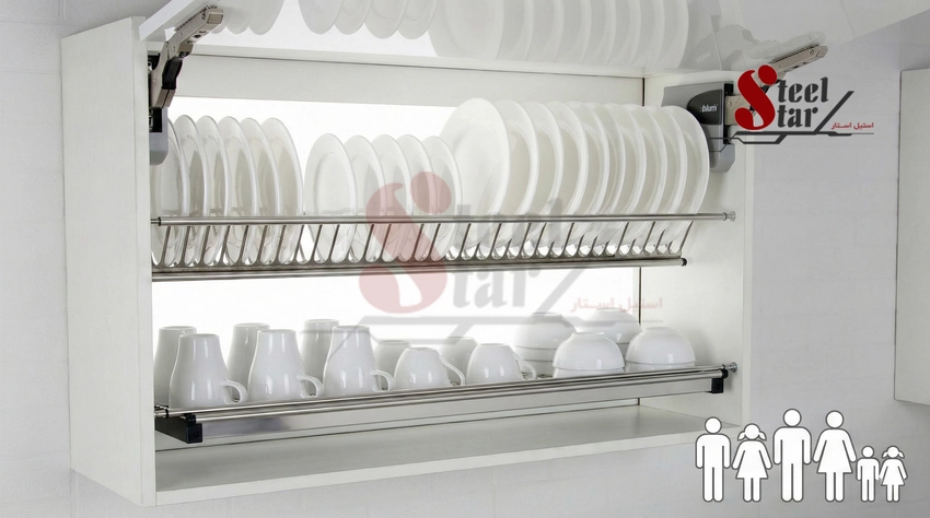 آبچکان دوطبقه داخل کابینت برای خانواده پرجمعیت و افزایش ظرفیت خشک‌کردن ظروف
