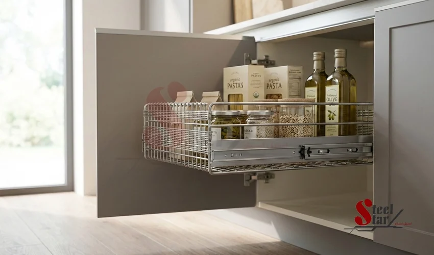 سبد سوپری ریلی داخل کابینت با ریل ساچمه ای و حرکت کشویی